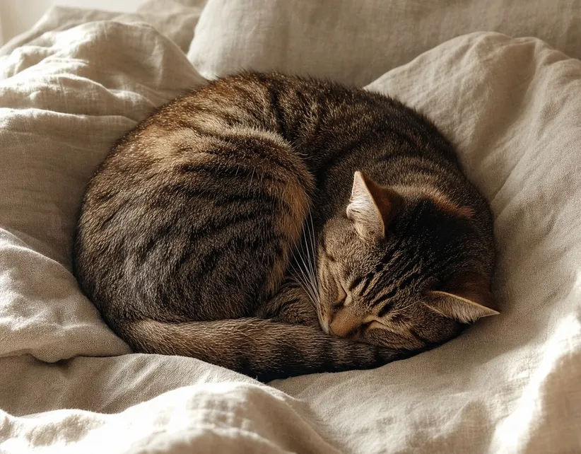 A tabby cat curled up asleep on a rumpled linen blanket